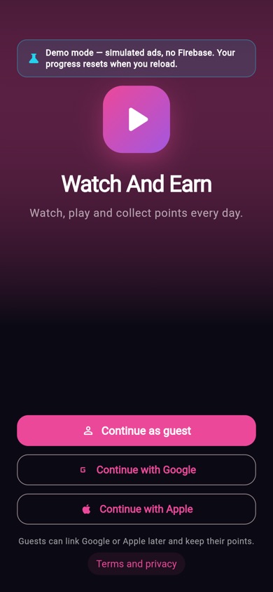 Sign-in screen with guest, Google and Apple options