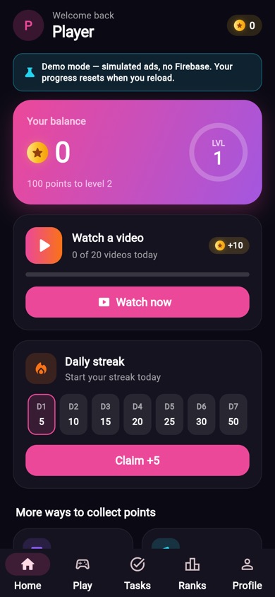 Home screen in demo mode with the demo banner
