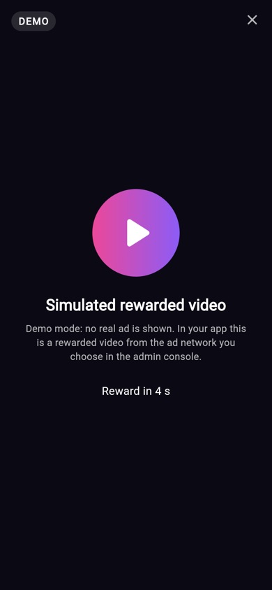 Simulated rewarded video in demo mode, labelled DEMO
