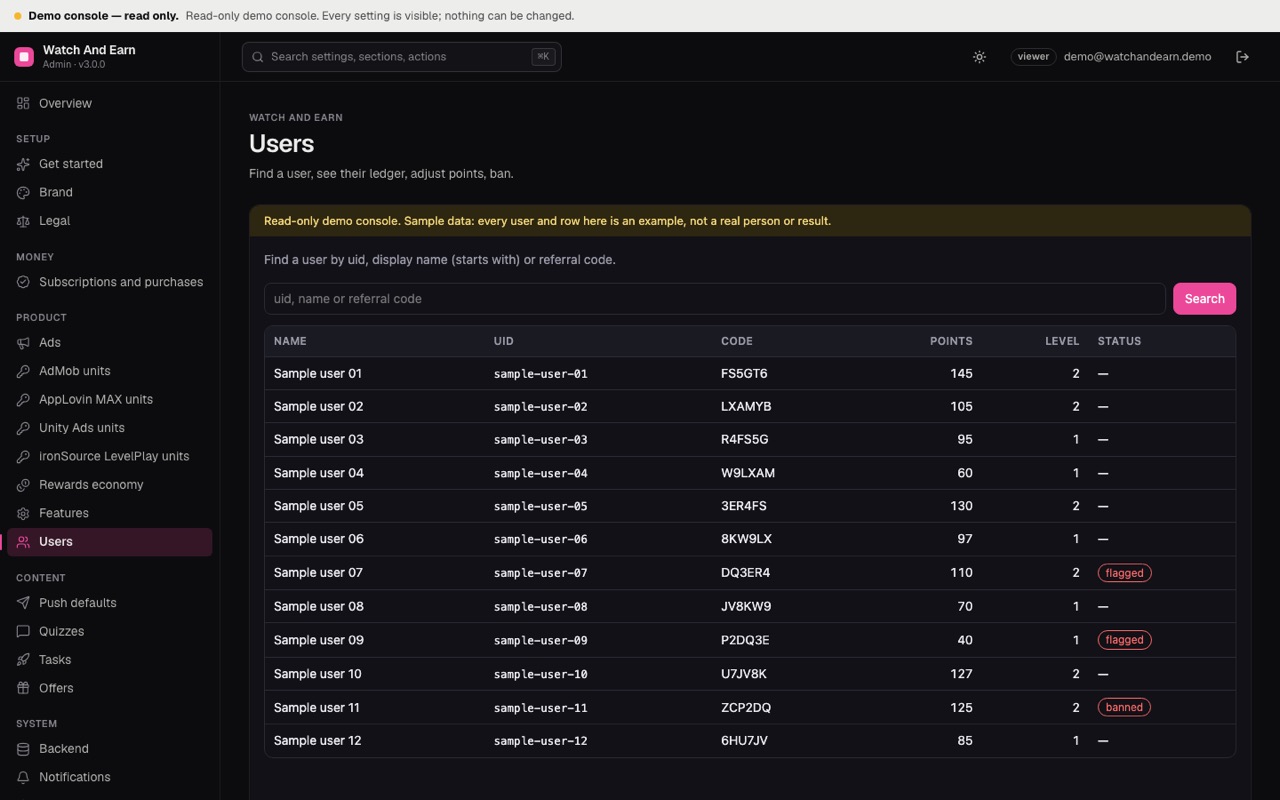 Operator console Users page with sample users, points, levels and status