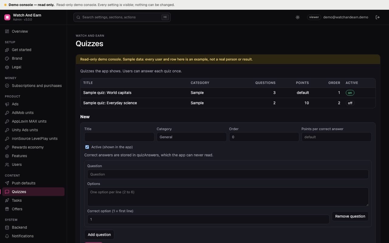 Quizzes page listing quizzes