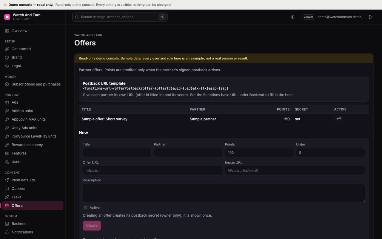 Console Offers page with sample partner offers