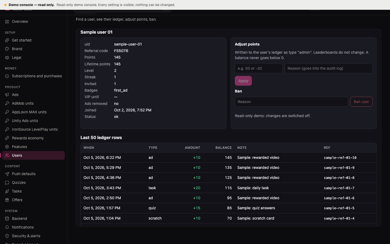 User detail with ledger and points adjustment