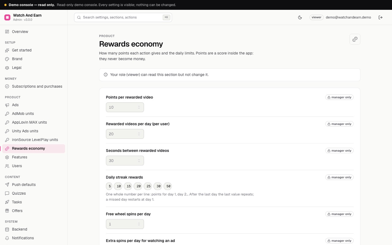 Console Rewards economy section with points per video, daily cap, cooldown and streak rewards