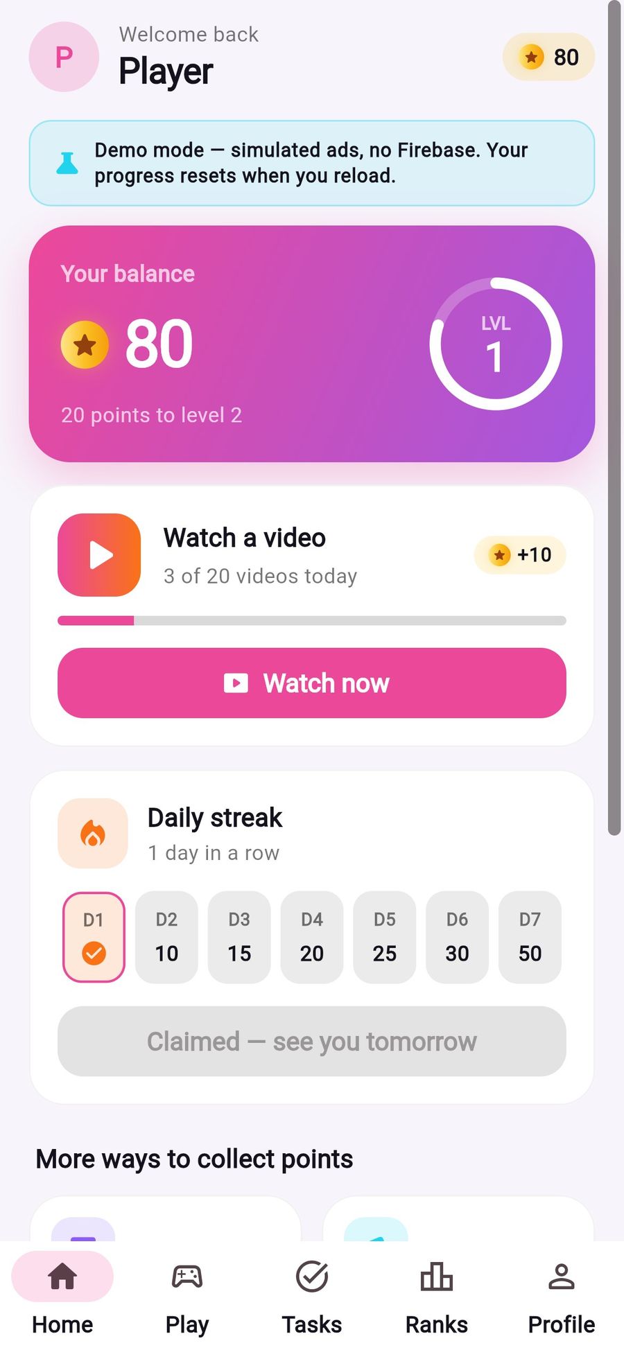 App home in the light theme: balance, Watch now and the daily streak