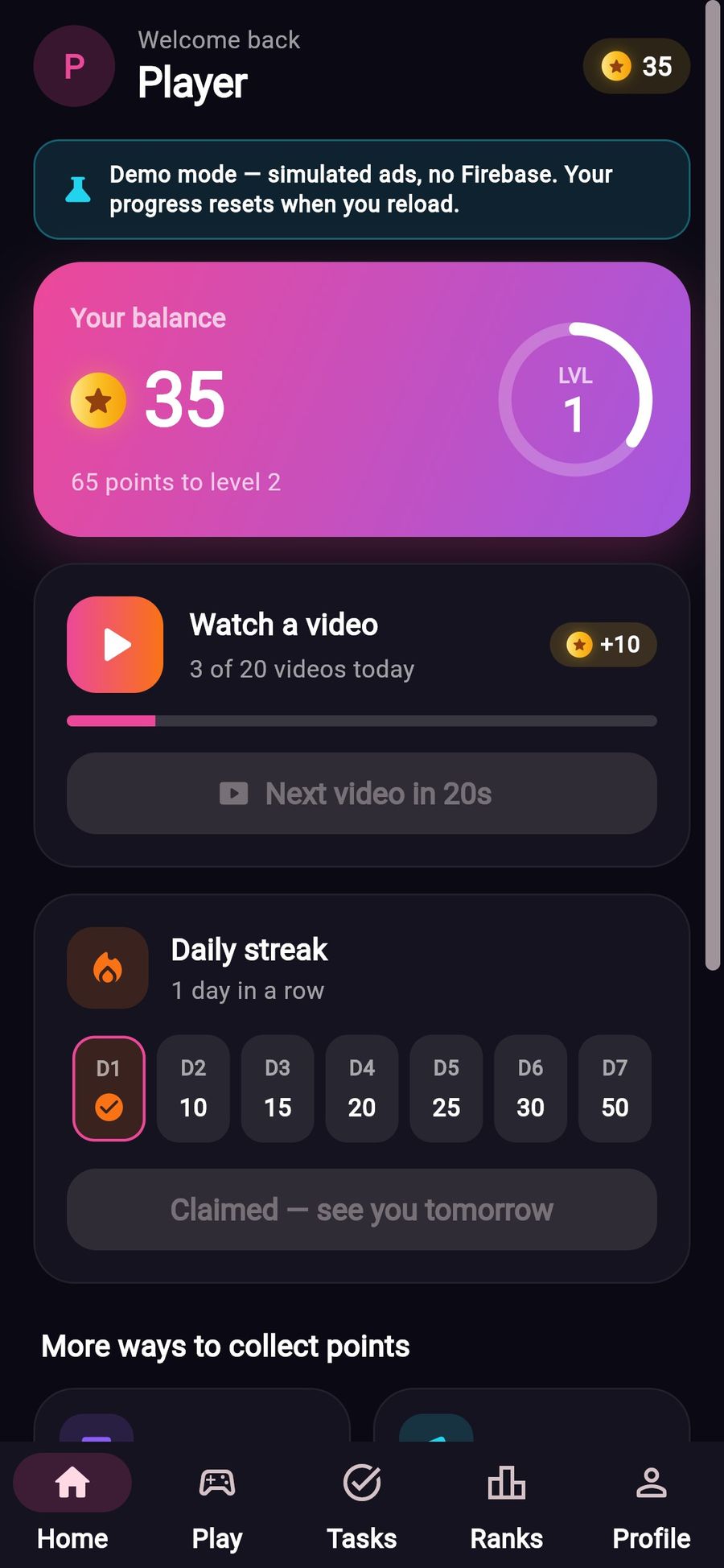 Watch And Earn app home on a phone: points balance with the level ring, Watch a video with today's count, and the seven-day streak