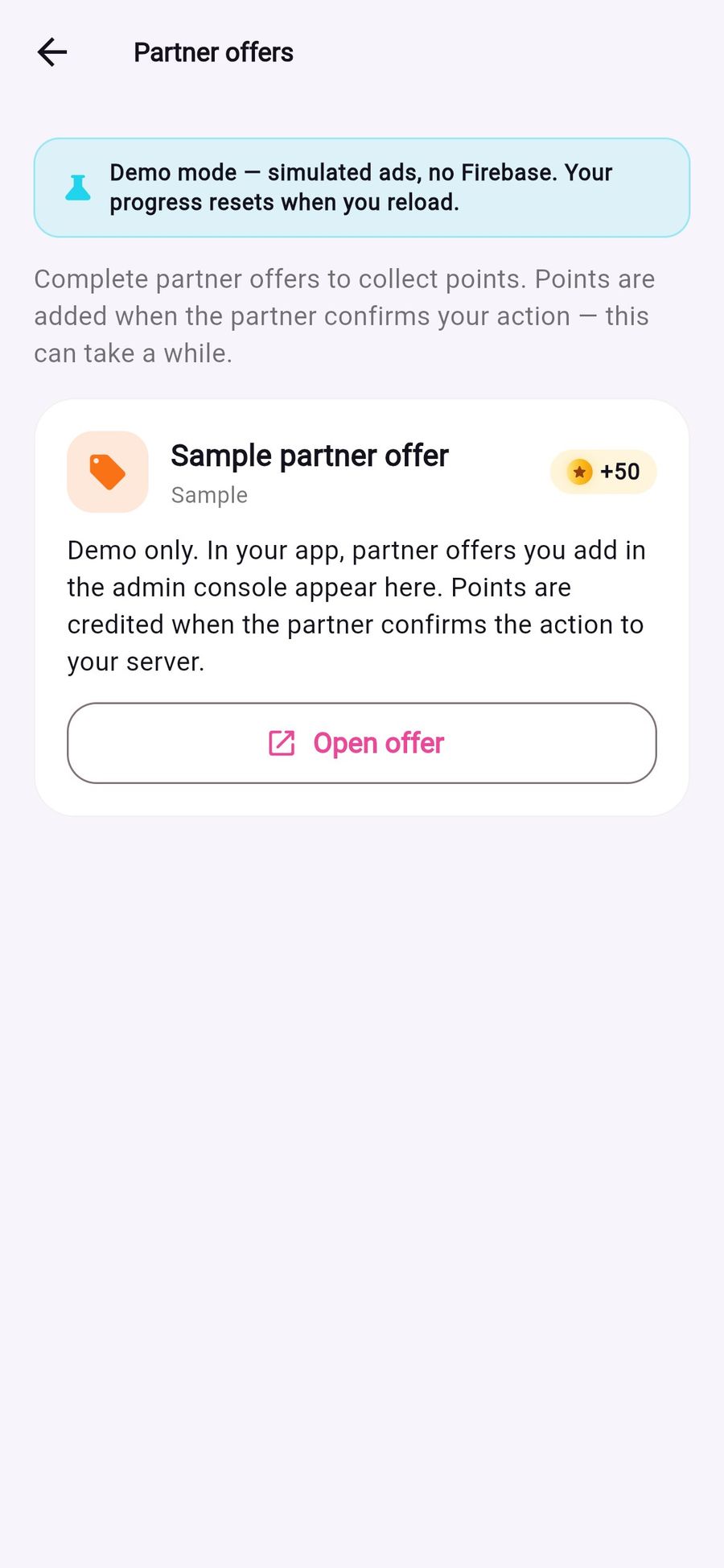Partner offers screen in the app demo with one labelled sample offer worth points