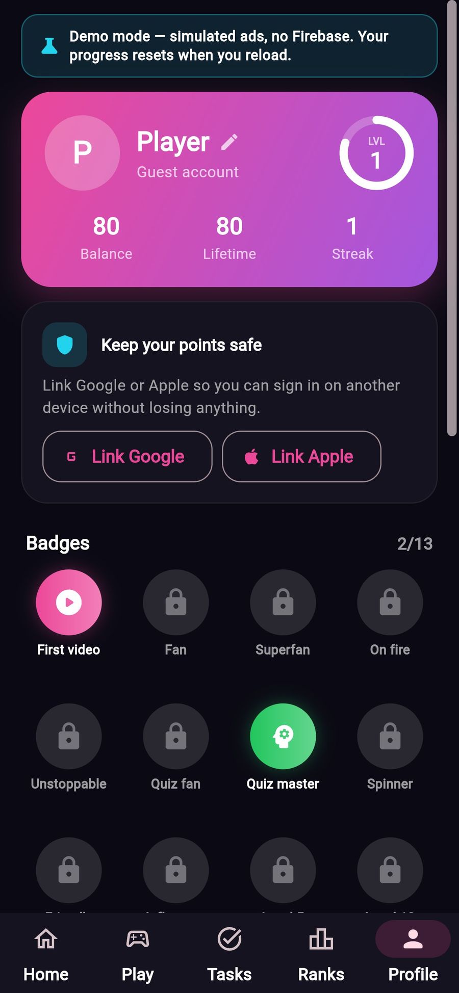 Profile in the app demo: balance, lifetime points, streak, account linking and badges