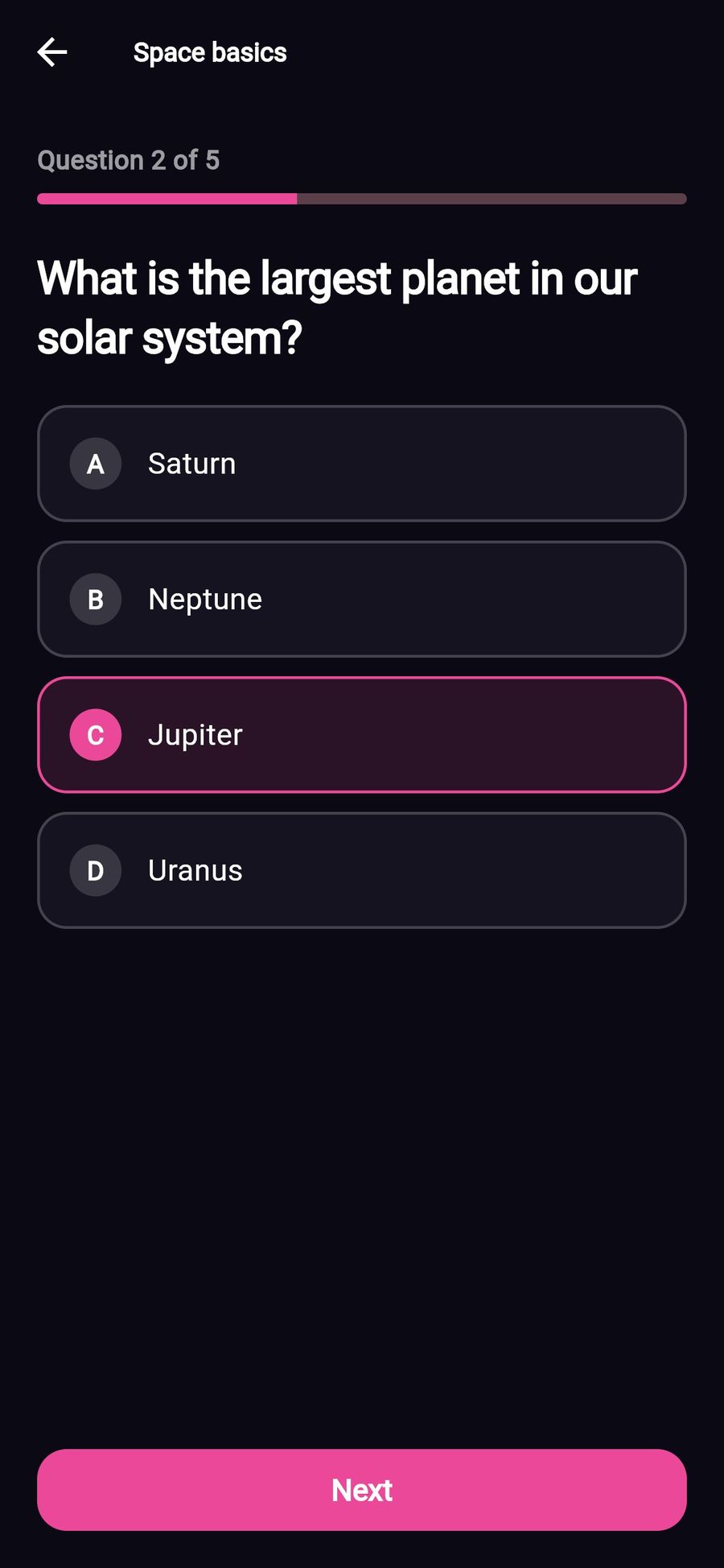 A quiz question in the app demo with four answer options