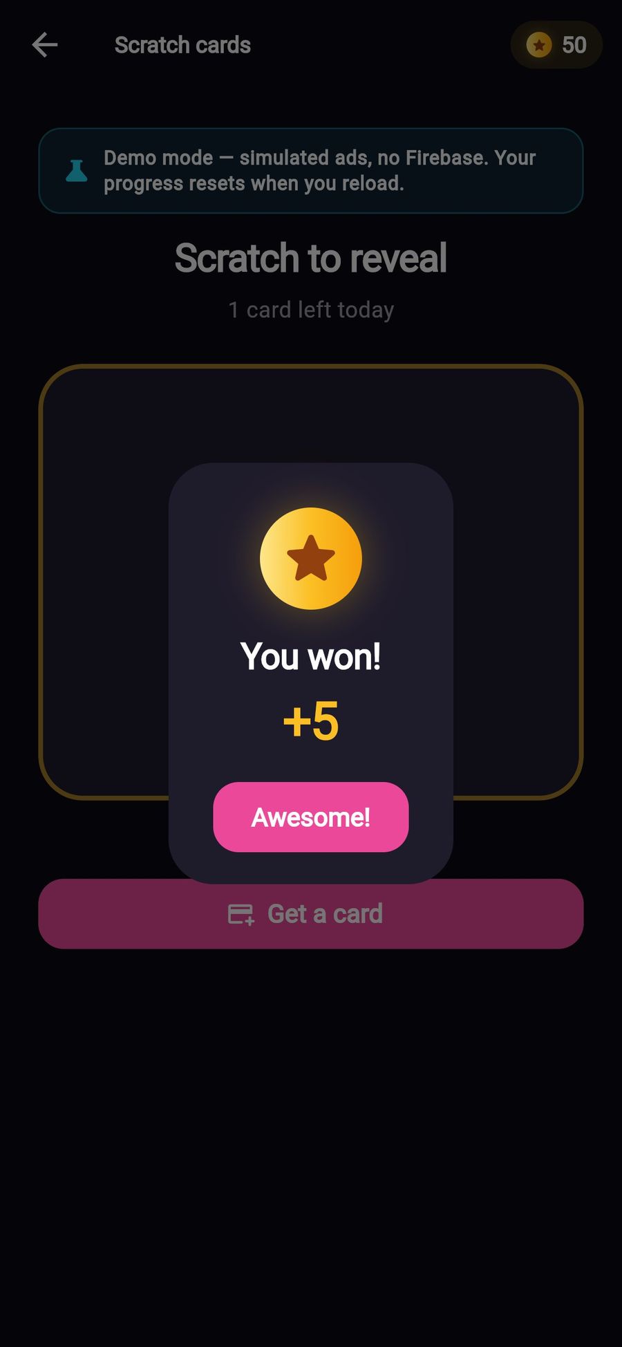 Scratch card result in the app demo: You won +5 points