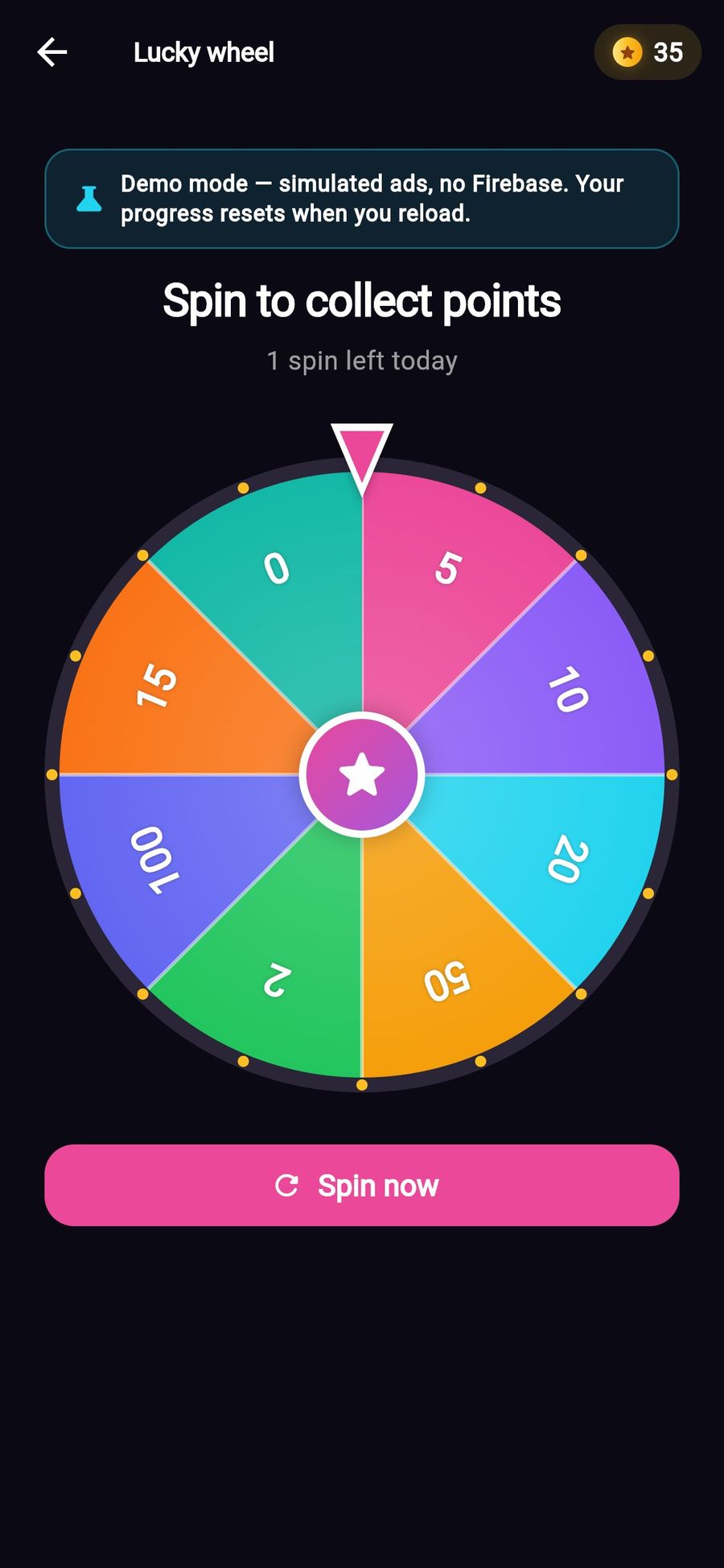 Lucky wheel screen in the app demo with segments worth points and a Spin now button
