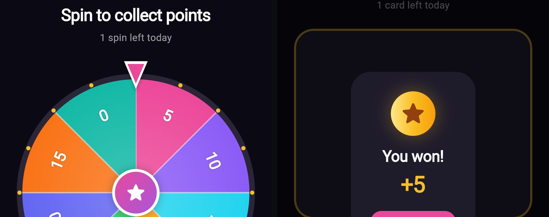 Two app demo screens side by side: the lucky wheel with point segments, and a scratch card revealing +5 points