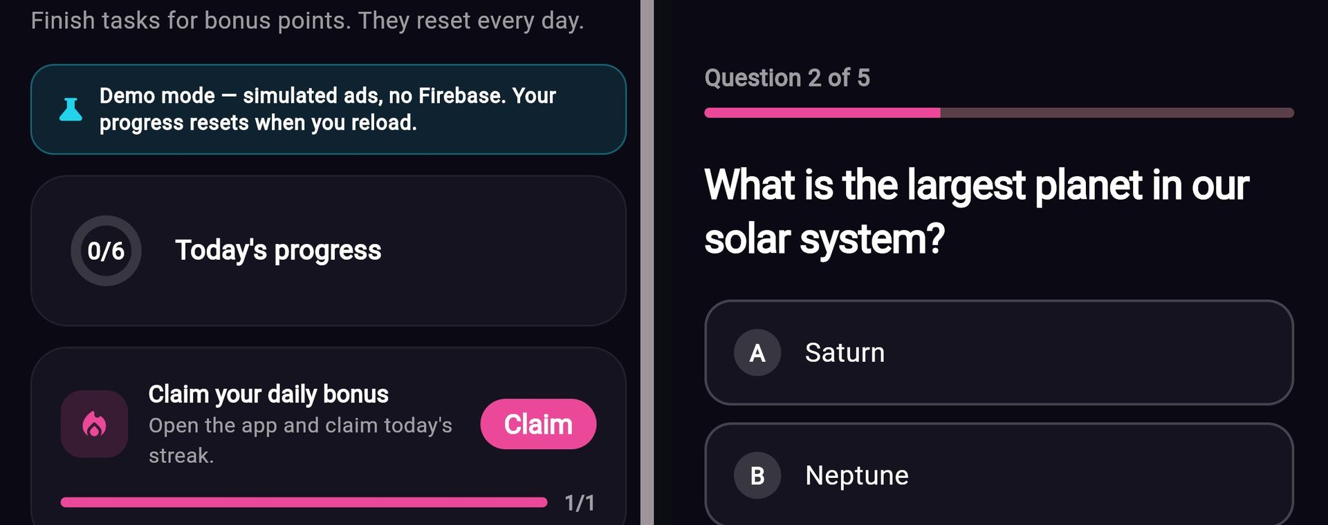Two app demo screens side by side: daily tasks with today's progress and a Claim button, and a quiz question with answer options