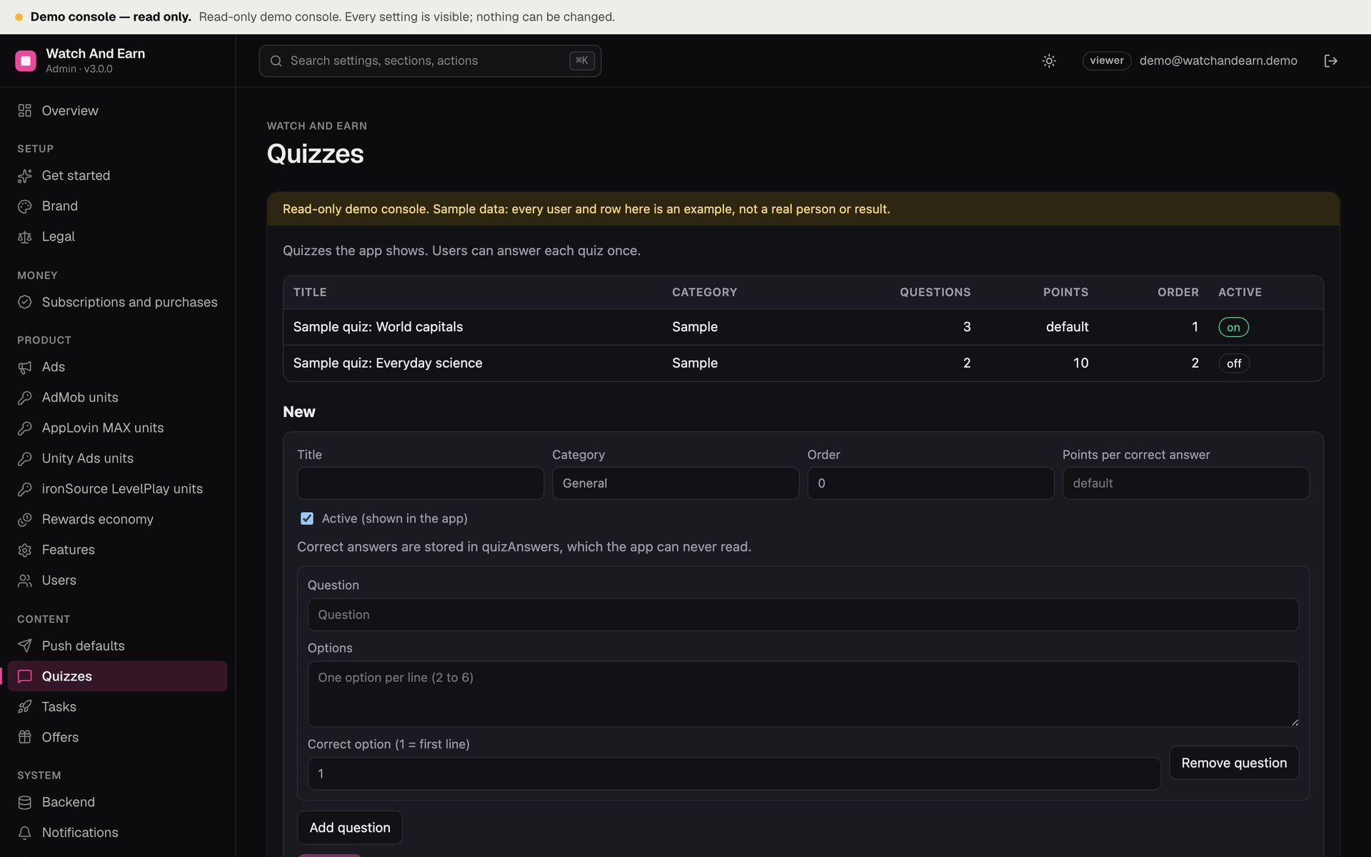 Watch And Earn operator console, Quizzes: two sample quizzes with category, question count, points, order and an on/off switch, and the form for a new quiz with questions, options and the correct option, on sample data.