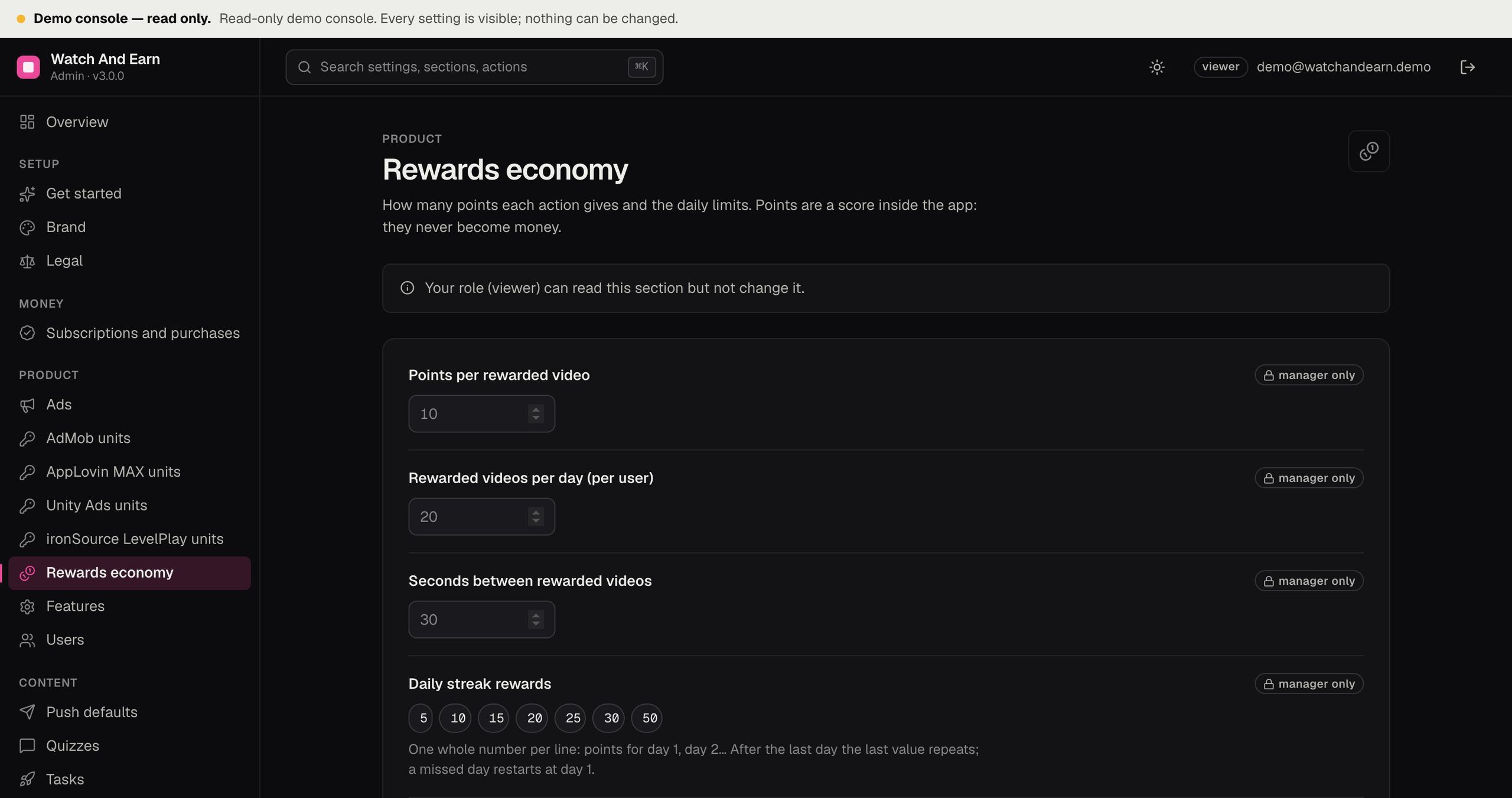 Watch And Earn operator console, Rewards economy: points per rewarded video, rewarded videos per day per user, seconds between rewarded videos, the seven daily streak rewards and free wheel spins per day, shown read-only in the demo console.